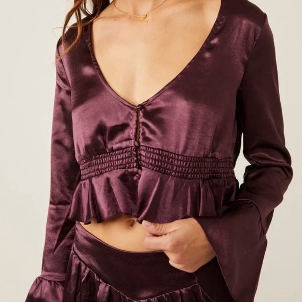 Free People Chasing Love Satin Ruffle Crop Top Smocked Waist Size L Purple Plum